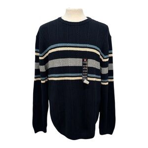 NWT Chaps Men's XXL Cable Knit Dark Blue Stripes Sweater Long Sleeve 100% Cotton